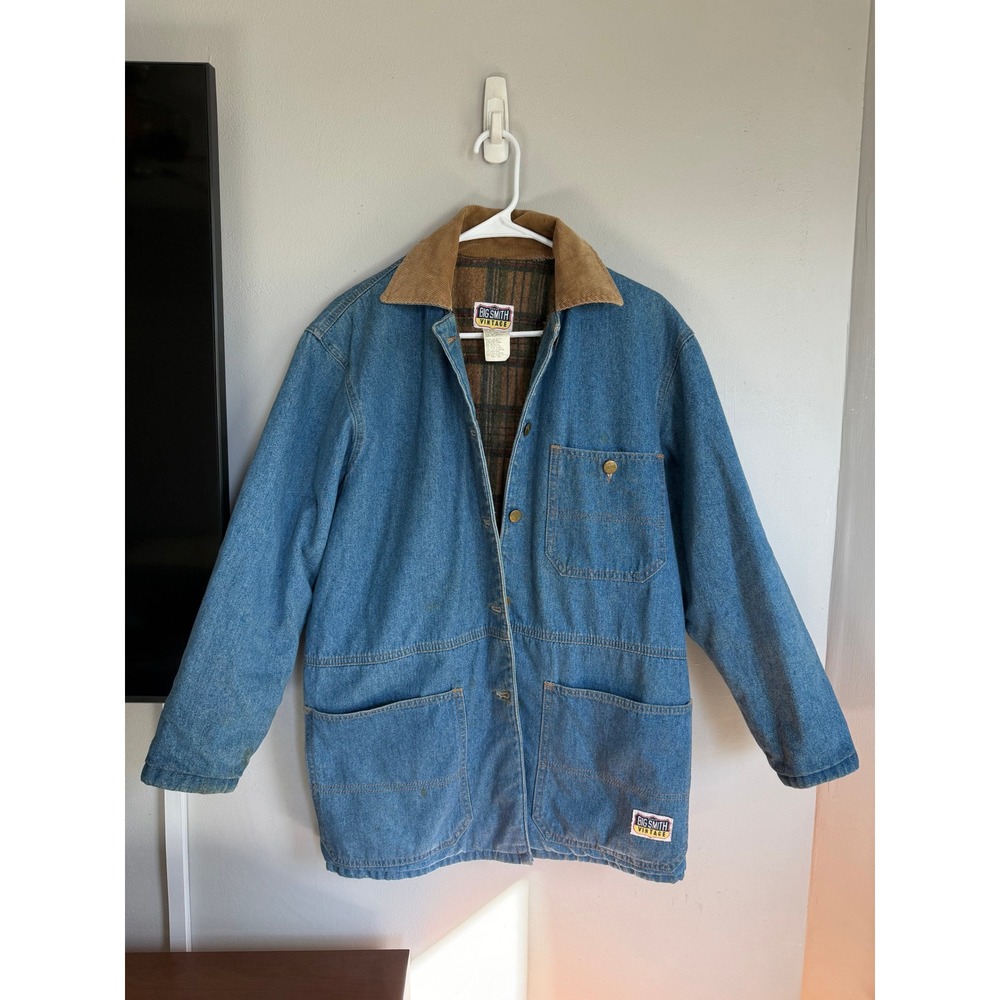 Big Smith Vintage Denim Barn Coat Plaid Blanket Lined Corduroy Collar Blue M